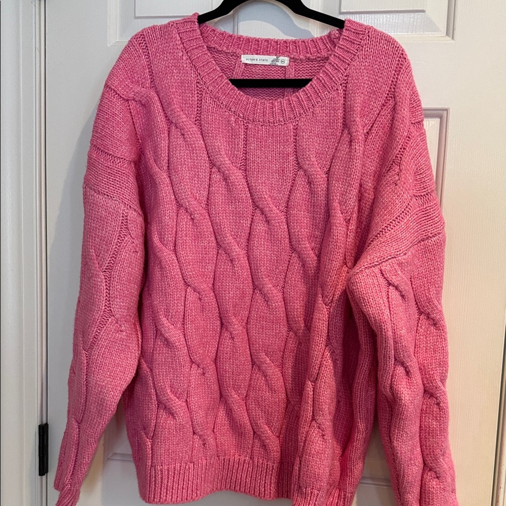 Altar'd State Pink Cable Knit Crewneck Sweater